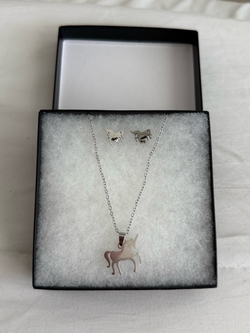 Silver Stainless Steel Unicorn Pendant Necklace and Stud Earrings Set